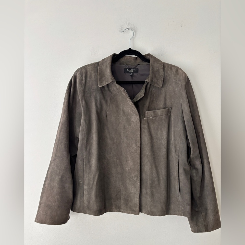 Vintage Talbots 100% Leather Green Grey Women's Button‎ Up Collared Jacket Sz 16